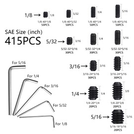 JROUTH 1000pcs Metric + SAE Set Screw Assortment Kit, Internal Hex Drive Cup-Point Allen Screws Set 12.9 Class Alloy Steel Grub Screw (M3-M8, 1/8"-40 to 5/16"-18)