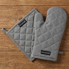 Encasa XO Guanti da Forno e Presina in 100% Cotone Resistenti al Calore con Anello, Guanti da Cucina, Presine per Microonde - Grigio, 18x30 cm, (Confezione da 2)