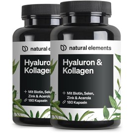 natural elements Hyaluronic Acid Collagen Complex (Set of 2) - 2 x 180 Capsules - Enriched with Biotin, Selenium, Zinc, Vitamin C from Acerola & Bamboo Extract - Laboratory Tested