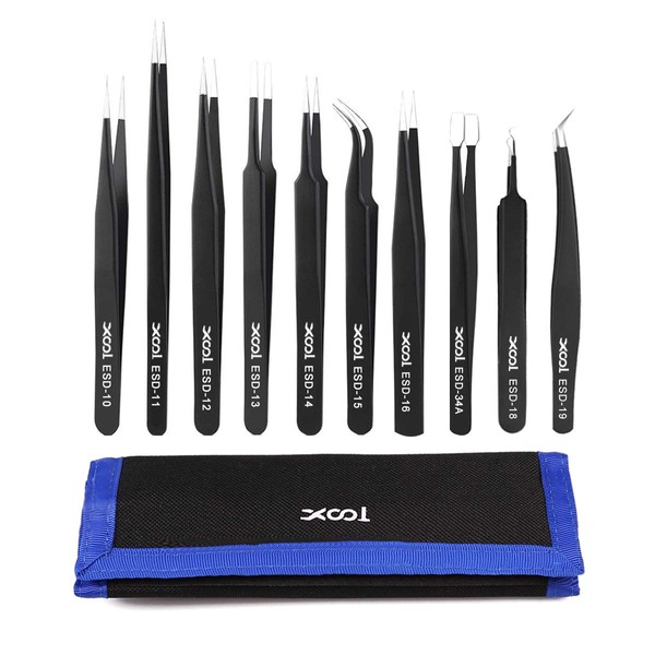 XOOL 10PCS Precision Tweezers Set, ESD Tweezers Set, Anti-Static Stainless