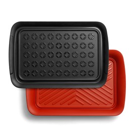 TP Grill Prep and Serving Tray, Deep BBQ Tray for Meat Marinating and Food Plating, Melamine Serving Platters Set of 2, Black and Red
