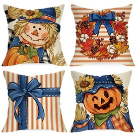 Ussap Fall Scarecrow Decorative Throw Pillow Covers 18 x 18 Set of 4, Autumn Pumpkin Maple Leaves Wreath Cushion Case Decor, Thanksgiving Stripes Bowknot Seasonal Home Decoration for Sofa Couch