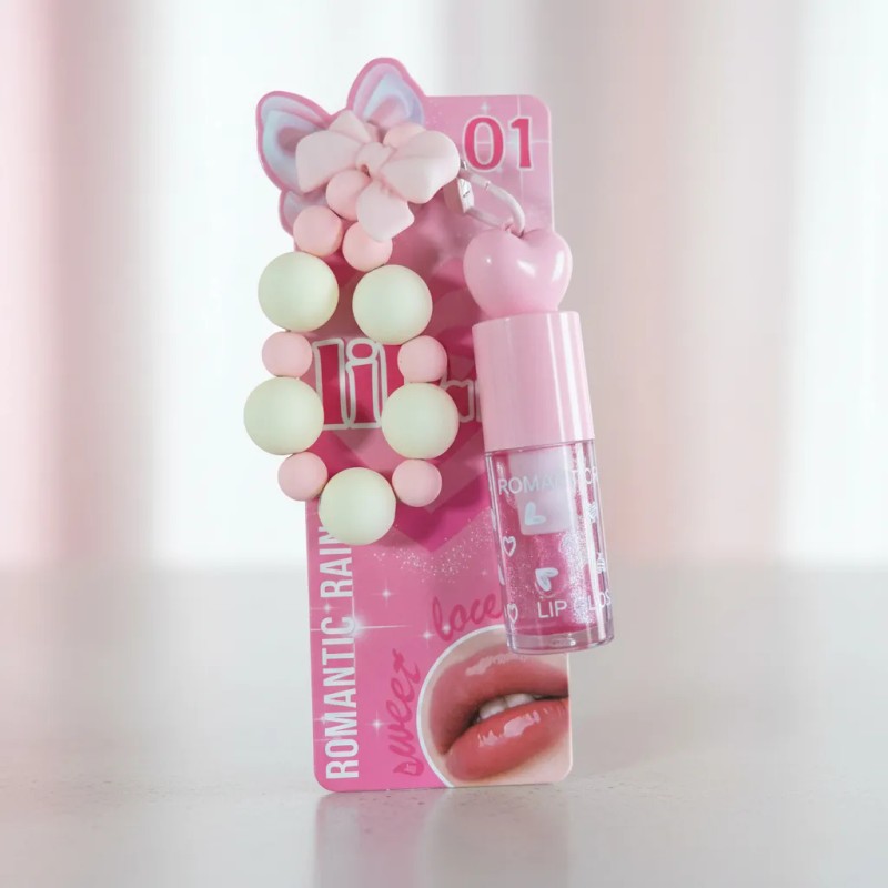 Brillo Labial Gloss Rosa Kawaii Con Llavero Moño Cuentas Ros