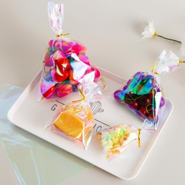 Morepack Valentines Iridescent Holographic Cellophane Treat Bags,4x6 Inch Party Favor Cookie Bags with 5 Colors Twist Ties for Weddings Birthday Party,100 Pcs