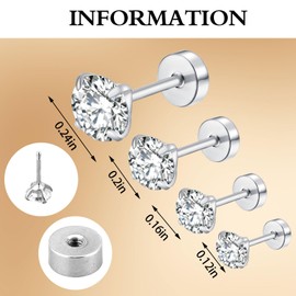 4 Paar Ohrstecker Damen Set,Ohrstecker aus Edelstahl mit kubischem Zirkonia für Damen, Männer Knorpel Tragus Daith Helix Hypoallergen Ohrstecker Ohrpiercing Bequeme Schraube Flache Rückseite Ohrringe