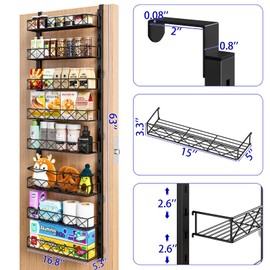 MIAOLI Over the Door Organizer, Black 8-Tier Pantry Door Organizer with Adjustable Basket, Hanging Spice Rack Cabinet Door Shelves, Laundry Room Organization and Storage