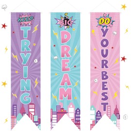 3 Pieces Hero Party Decorations for Girls Hero Wall Banners Porch Signs Backdrops Inspirational Cityscape Photography Background Keep Trying Big Dream Do Your Best for Birthday Baby Shower Classroom