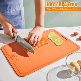 36.5*25*0.3cm Flexible TPU Cutting Board with Juice Groove,Resistant Scratch,Non-Slip Kitchen Chopping Boards,Chopping Block for Dishwasher Safe,Reversible Cutting Boards with Easy Grip Handle(Orange)