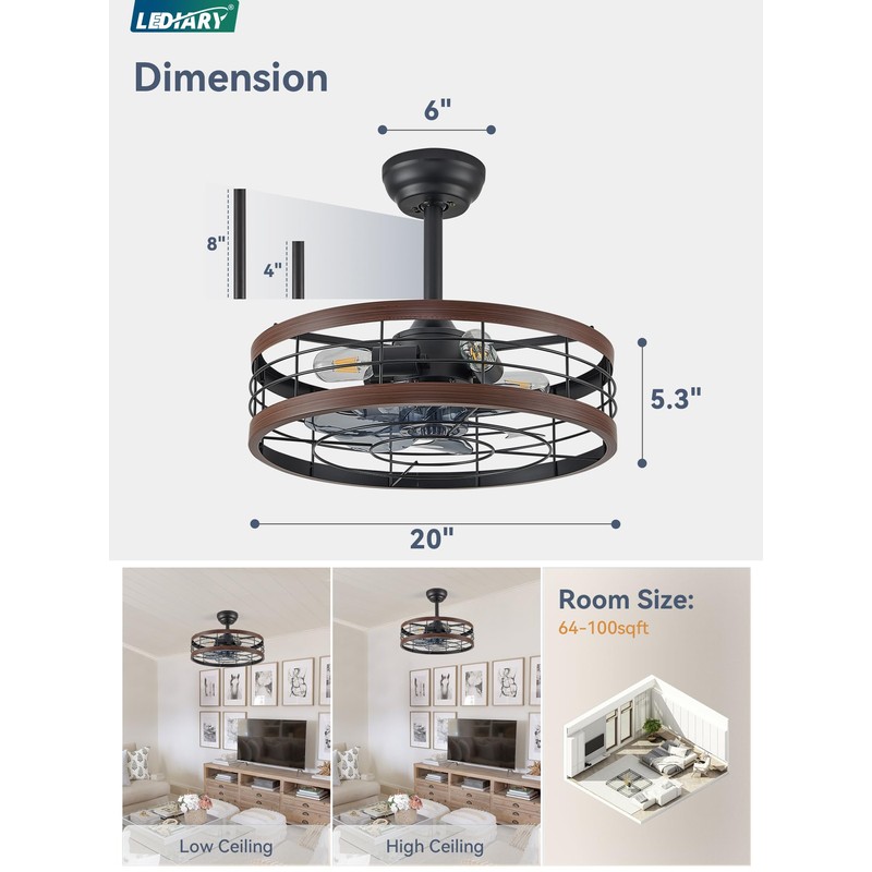 LEDIARY 20 inch Fandelier Caged Ceiling Fan with Light, Bladeless