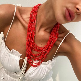 EZSONA Boho Multilayer Red Seed Bead Choker Necklace for Women Layered African Necklaces Statement Jewelry 20.8-23.5"