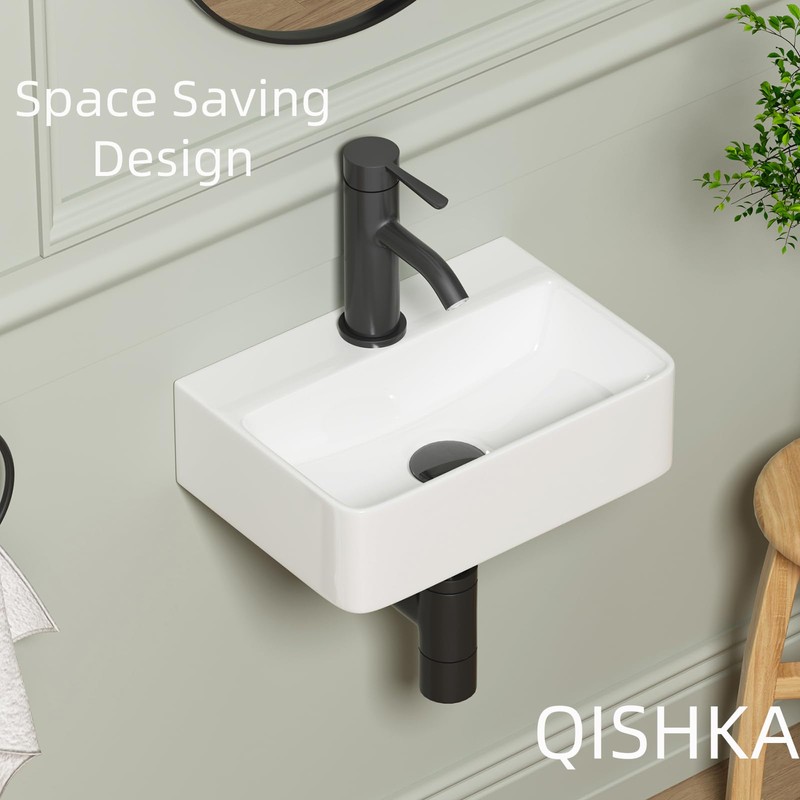 Wall Hung Bathroom Vessel Sink, QISHKA 14.5" X 10" Rectangular