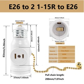 QMTSINEW 2-Pack E26 Socket Outlet Adapter with Pull Chain Switch, 125V 660W Phenolic Lamp Holder & Dual Outlets for Bedroom, Study, Porch, etc（White）