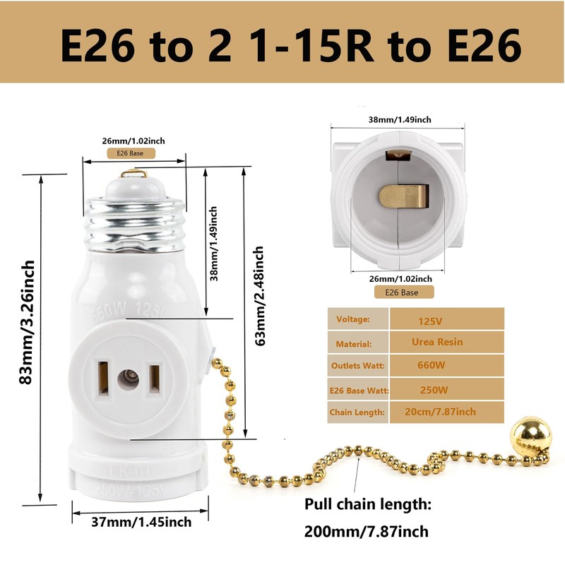 QMTSINEW 2-Pack E26 Socket Outlet Adapter with Pull Chain Switch,