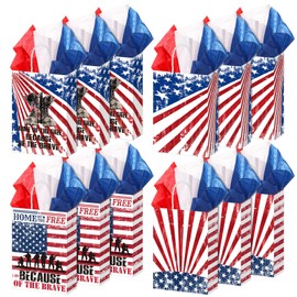 Trandraft 24 Pcs 4th of July Gift Bags with Handle 4th of July Gift Bags with Red White Blue Tissue Paper American Flag Patriotic Kraft Bags for Independence Day Veterans Day Memorial Day