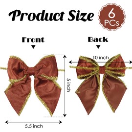 LiBongTa 5" Rust Bows Velvet Ribbon Bows with Gold Tinsel Edge, Christmas Bows, Red Bows for Gift Wrapping, Pre-Tied Bows for Christmas Tree, Wreath, Present, Party Decor, Crafts-6 Counts