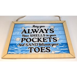 Beach Theme Wall Plaque, Shells and Sand Quote, 16 x 12 cm, Wooden Frame Seaside Nautical Bathroom Sign decor