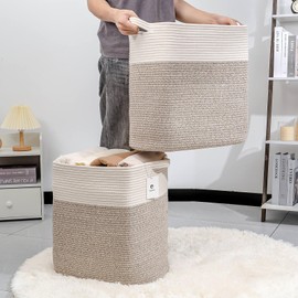 Laughbird Toy Storage Baskets for Clothes Fabric Cotton Rope Storage Basket with Handles, Decorative Woven Basket for Living Room,Closet Organizer Blankets, and Toys (White Brown 2bags)