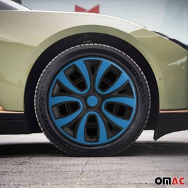 OMAC - Matt Black with Blue Hub Caps 14 Inch Set of 4, Tapas para Rines 14, Premium Wheel Covers 14 Inch, R14 Rim Cover Set, Snap On Durable Car Replacement Exterior Accessories