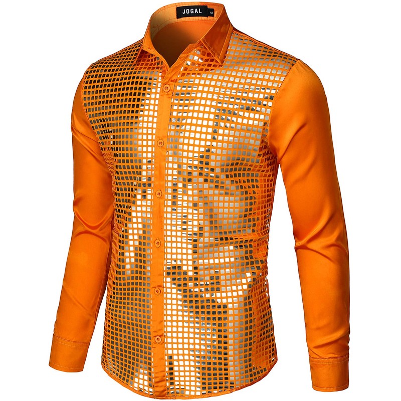 Jogal Men’s Sequin Shirt 70s Long-Sleeved Disco Party Costume -