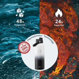 BUZIO Insulated Water Bottle with Straw Lid and Flex Cap, 40oz Modern Double Vacuum Stainless Steel Water Flask, Cold for 48 Hrs Hot for 24 Hrs Simple Thermo Canteen Mug, White and Black