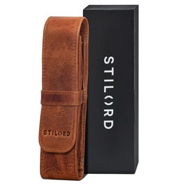 STILORD 'Penn' Leather Pencil Case 2 Pens Leather Case Fountain Pen Case Pen Holder for 2 Writing Instruments Pen Bag Writing Instrument Case Pencil Case Vintage, Kara - Cognac, Minimalist, vintage