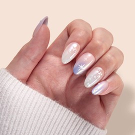 VSALON Short Almond Press-On Nails, 32 PCS Chrome Ombre 3D Star Main Nails in 16 Sizes & 10 PCS Alternative Nails, Fake Nail Kit with UV Glue, Easy Tabs, Nail Glue, Remover (Starry Silver Shimmer)