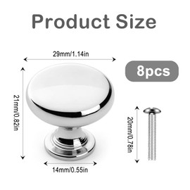 XMDROU 8PCS Cabinet Knobs, 29 x 21 MM Round Cupboard Handles with Screws Stainless Steel Cupboard Door Knobs Chrome Silver Mushroom Drawer Knob Dresser Drawer Pulls