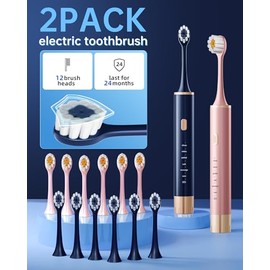 Aneebart Cepillo de dientes eléctrico azul y rosa para adultos, cepillo de dientes sónico recargable por USB con 12 cabezales de cepillo, temporizador