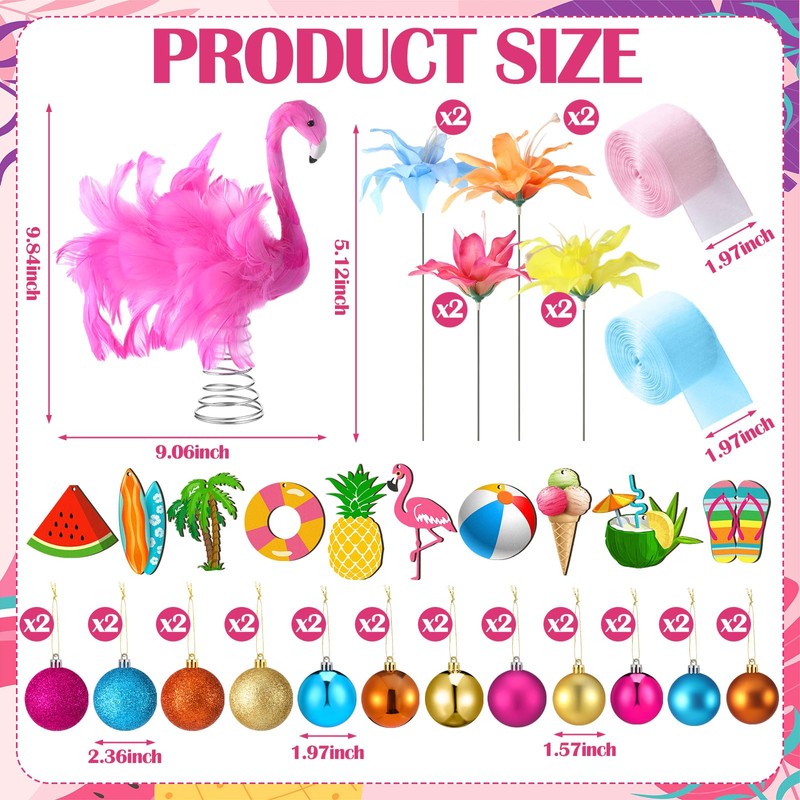 Seenelling 65 Pcs Summer Christmas Tree Ornaments, Tropical Flamingo Decor