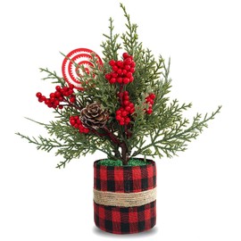 Small Christmas Tree Centerpieces Tabletop Decorations 10.5" Red Berry Pinecone Frosted Artificial Pine Tree in a Box for Winter Rustic Farmhouse Holiday Xmas Dining Table Flower Arrangements (Cedar)