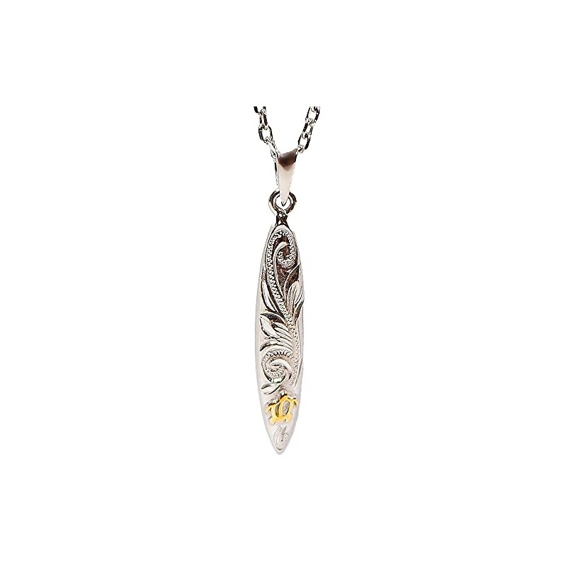 Hawaiian Jewelry Necklace Plumeria Scroll Honu K14 Surfboard, Stainless Steel
