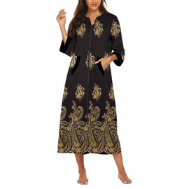 Ekouaer Women Zipper Robe 3/4 Sleeves Loungewear Dress Full Length Sleepwear Pockets Housecoat Nightgown Long Bathrobe
