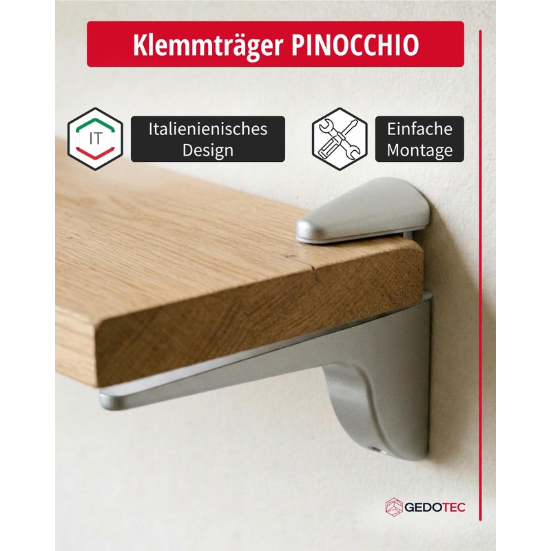 Gedotec Pinocchio Designer Glass Shelf Brackets - Matte Silver |