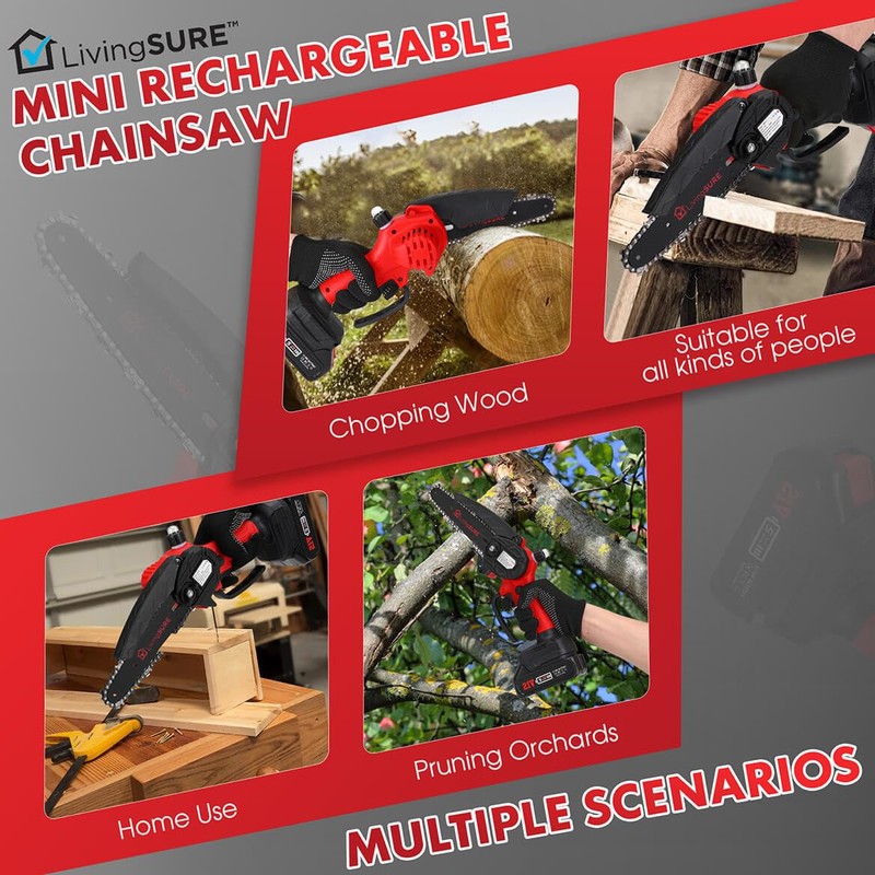 LivingSURE Mini Cordless Rechargeable Chainsaw Kit – 21V Handheld Electric