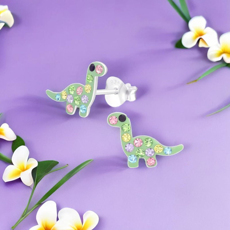 FIVE-D Children's Earrings Crystal Dinosaur Dino 925 Sterling Silver, Sterling