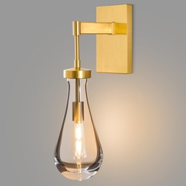 BlesULuk Raindrop Brass Crystal Wall Sconce: Clear Solid Indoor Sconces with Bulbs - Dimmable Vanity Lamp - Luxury Modern Gold Light Fixtures for Bedroom Living Room Bathroom Hallway Bedside Lighting