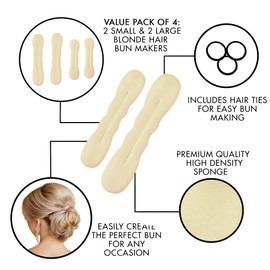 Styla Hair Magic Hair Bun Maker 4 Pack (2 Small, 2 Large) Foam Sponge Buns Shaper Accessories Strong Flexible Reusable Bun Twister for Updo’s, Ballet Buns, French Twist, Waves & more! (Light Blonde)