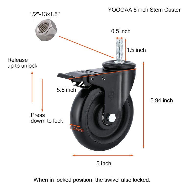 Stem Caster Wheels 5 inch Casters with Safety Dual Locking