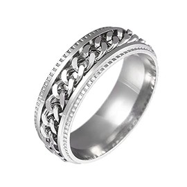 Yifnny Spinner Ring, Stainless Steel Chain Spinner Ring Fidget Rings Relieving Intertwine Spins Grooved Edge Ring Cool Thumb Rings Black Spinner Rings for Women Men (Silver, 7)