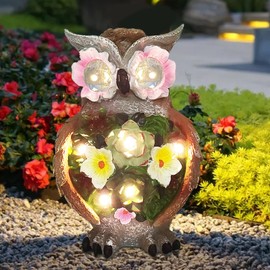 Binqiuu Owl Statue-Owl Garden Statue with 7 LED,Solar Succulent Resin Owl Garden Statue for Lawn Patio Yard Porch Decoration