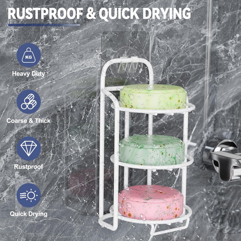 White 3-Tier Shower Soap Shampoo Bar Holder, Self Adhesive &