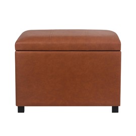 Asense 24'' Small Square Ottoman with Lift Off Lid, Storage Cube Leather Ottoman for Foot Rest, Footstool for Dorm, Living Room, Bedroom, Cognac Brown
