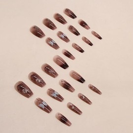 Hkanlre Rojo Oscuro Presione En Las Uñas Ataúd Francés Uñas Falsas Consejos Cubierta Completa Mariposa Mediano Uñas Falsas para Mujeres y Niñas 24Pcs