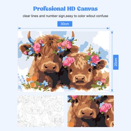 RICUVED Paint by Numbers Adults Children, Cow Painting by Numbers Animals DIY Hand Painted Oil Painting Kit Paint by Numbers Adult with Frame 3 - Brushes and Acrylic Paint Kit 20 x 30 cm