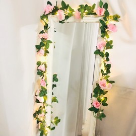 20LED 7.5ft Artificial Flower Rose Vine String Lights, Battery Powered Rose Flower Garland Plant Fairy Light for Valentine's, Wedding Bedroom Party Garden Indoor Decoration (Pink)