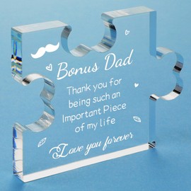 Funnli Christmas Birthday Gifts for Bonus Dad Acrylic Puzzle Plaque - Bonus Dad Gifts for Fathers Day from Daughter Son 3.35 x 2.76 Inch Desk Decorations - Anniversary Card Gifts for Bonus Dad