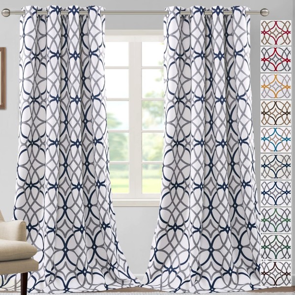 H.VERSAILTEX Blackout Curtains for Bedroom Printed Design 108 Inch Length Thermal Insulated Curtains for Living Room Geometric Modern Grommet Window Drapes 2 Panels Set, Dark Denim and Grey
