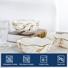 fanquare 16oz Gold Marble Pasta Bowls Set of 4, Porcelain Salad Bowls, 7" Kitchen Serving Bowls, Modern Cereal Bowls