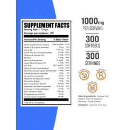 BulkSupplements.com Multivitamin Softgels - Daily Multivitamin Supplement, Multimineral for Men and Women with Fish Oil - Gluten Free, 1 Softgel per Serving (1000mg), 300 Count (Pack of 1)