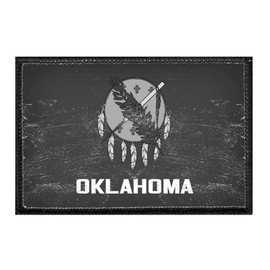 Oklahoma State Flag - Black and White - Distressed Morale Patch | Hook and Loop Attach for Hats, Jeans, Vest, Coat | 2x3 in | by Pull Patch